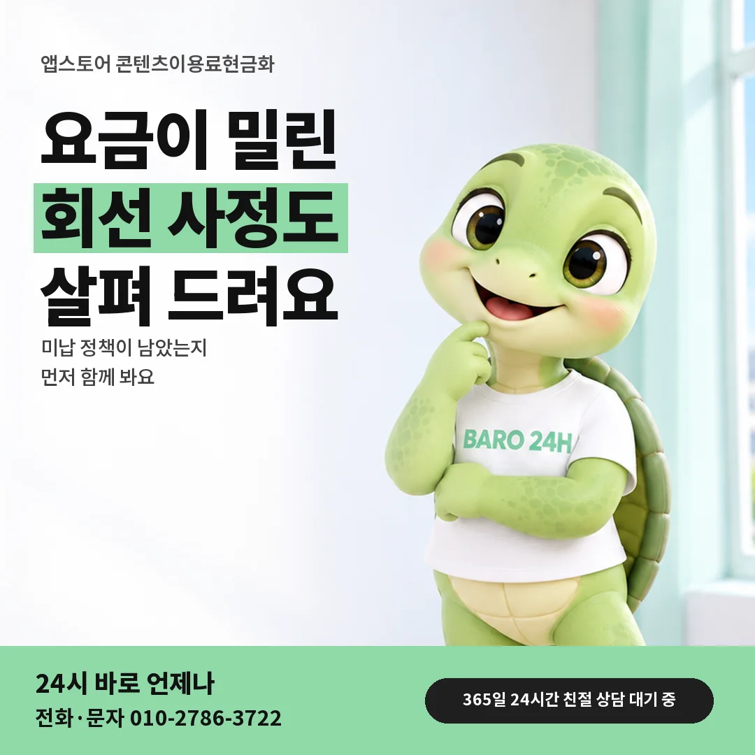 휴대폰을 보며 웃는 BARO 24H 티셔츠를 입은 3D 거북이 캐릭터 옆에 「앱스토어 요금 밀린 뒤 정책」 제목을 얹은 안내 카드